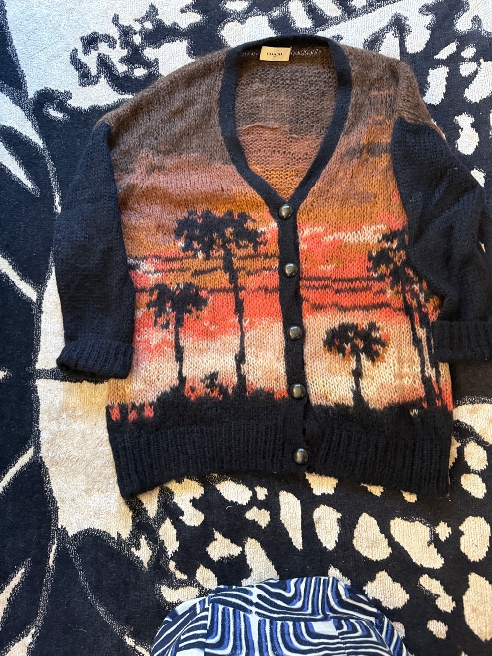 Coach Palm-Print Button Cardigan — Black, Orange, Red, Cream